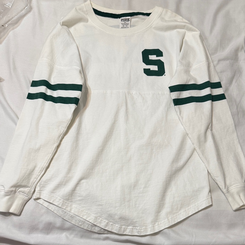 PINK Victoria's Secret White and Green Long Sleeve Tee